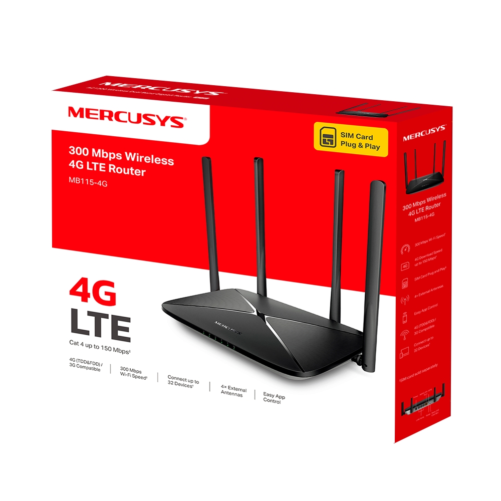 Bộ phát wifi 4G Mercusys MB115-4G (Chuẩn N/ 300Mbps/ Ăng-ten ngoài/ Khe Sim 4G/ 35 User)