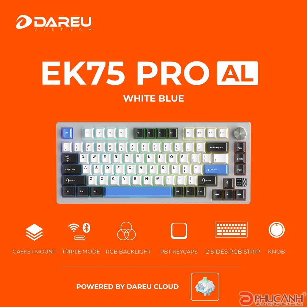 Bàn phím cơ không dây Dareu EK75 Pro AL White Blue DareU Cloud switch