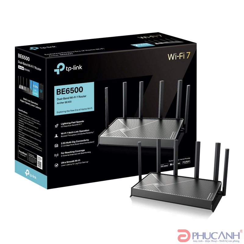 Bộ phát wifi 7 TP-Link Archer BE400 (Chuẩn BE/ 6500Mbps/ 6 Ăng-ten ngoài/ EasyMesh/ Dưới 100 User)