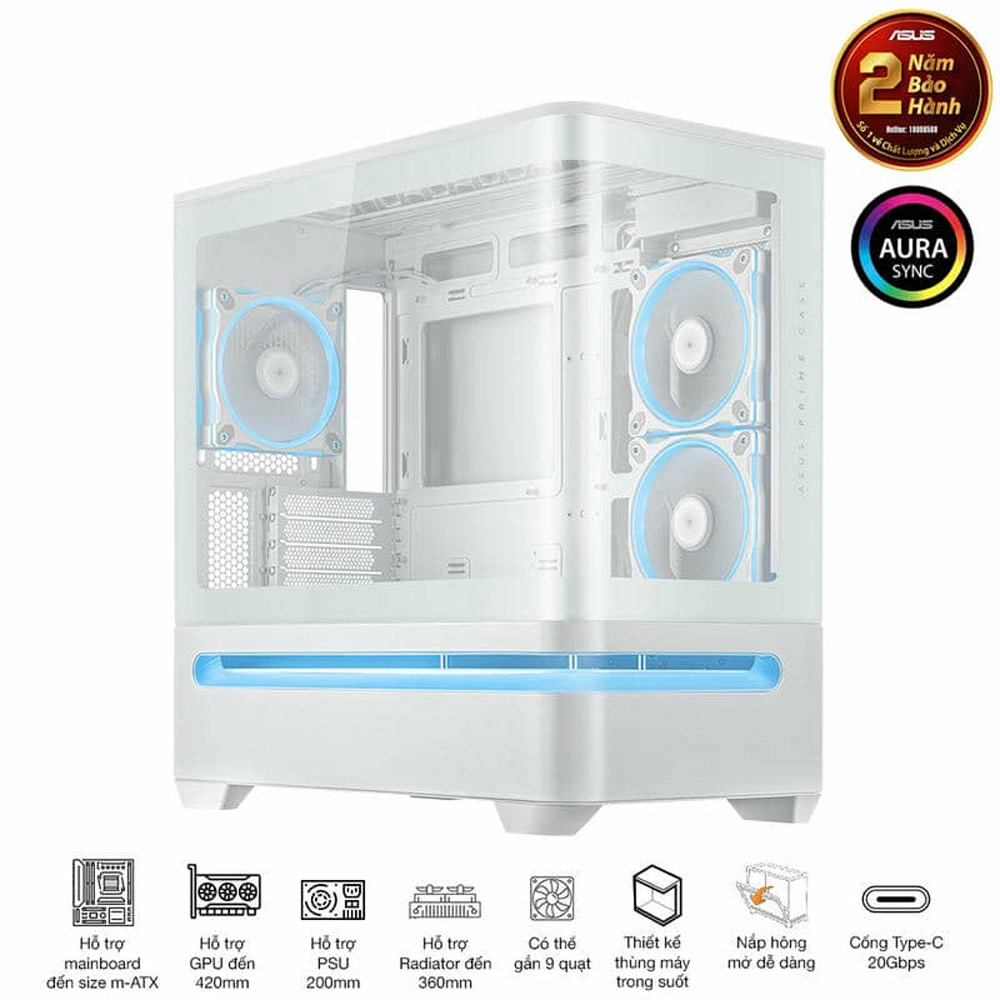 Vỏ máy tính Asus Prime AP202 TG ARGB White (Mid Tower/ M-ATX/ Trắng)