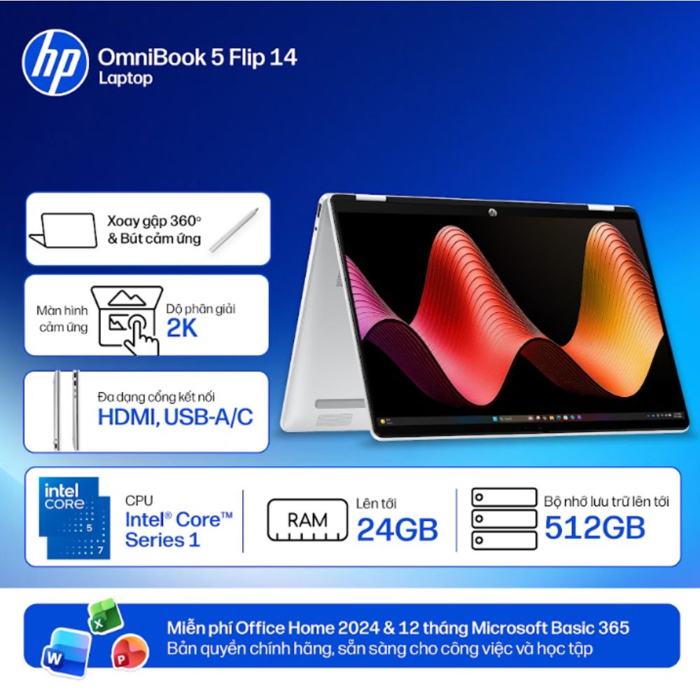 Laptop HP OmniBook 5 Flip 14-fp0057TU BZ7Q6PA (Core 5 120U/ 16GB/ 512GB SSD/ 14 inch WUXGA Touch/ Win 11/ Office/ Bạc/ Pen)