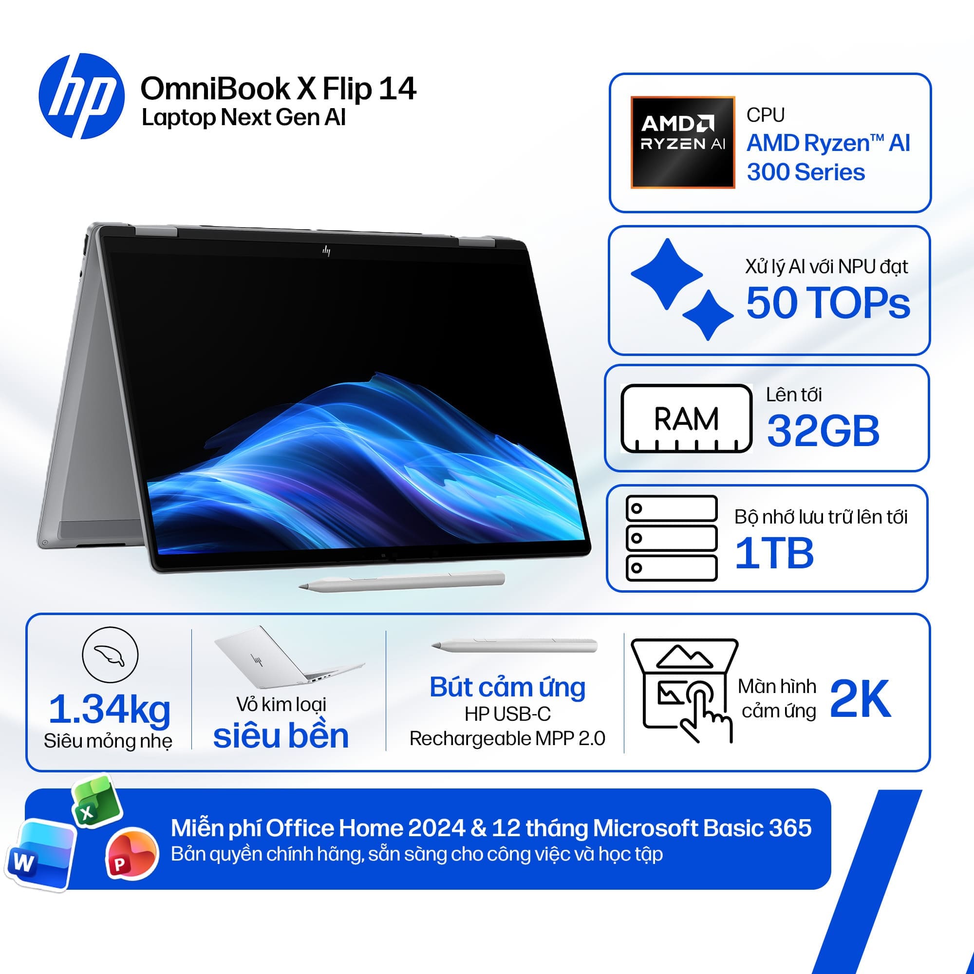 Laptop HP OmniBook X Flip 14-fk0092AU BZ7P5PA (AI 5 340/ 16GB/ 512GB SSD/ 14 inch WUXGA Touch/ Win 11/ Office/ Bạc/ Pen)