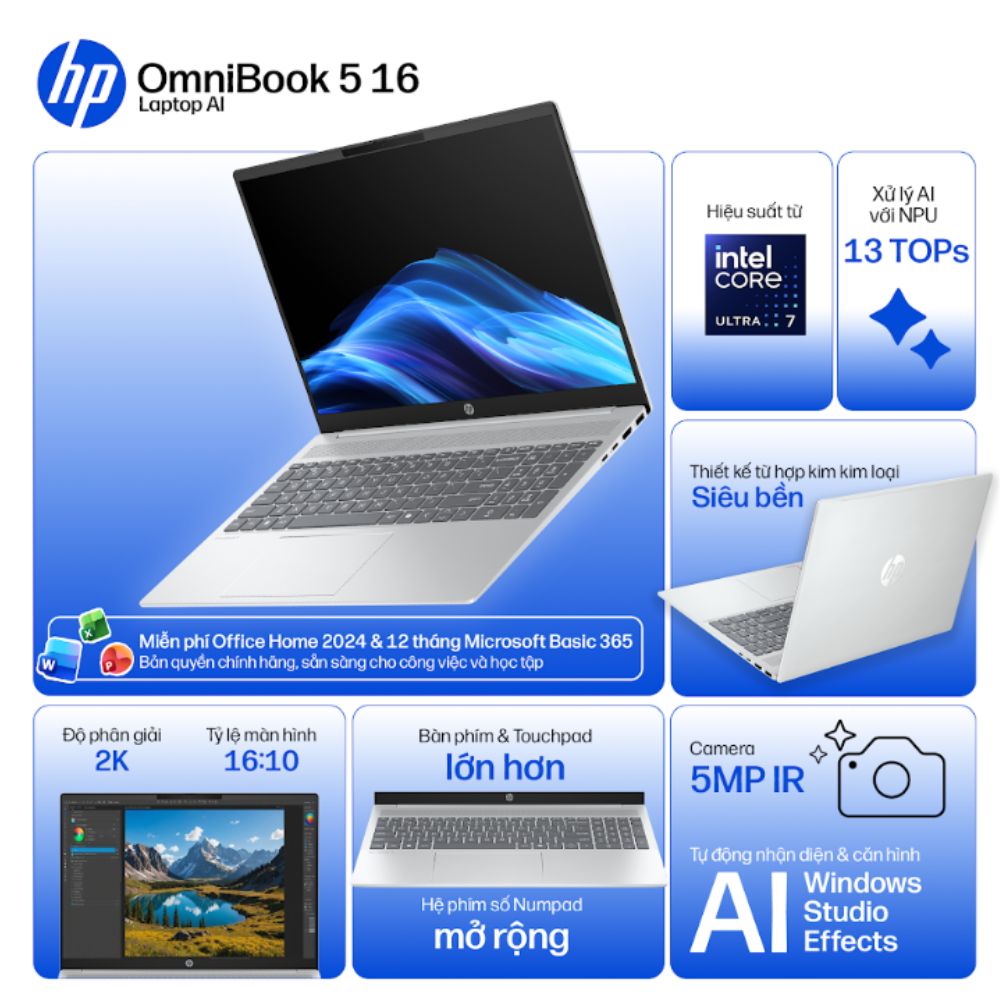 Laptop HP OmniBook 5 AI 16-af1052TU C1MN6PA (Ultra 7 255U/ 32GB/ 512GB SSD/ 16 inch WUXGA Touch/ Win 11/ Office/ Bạc)