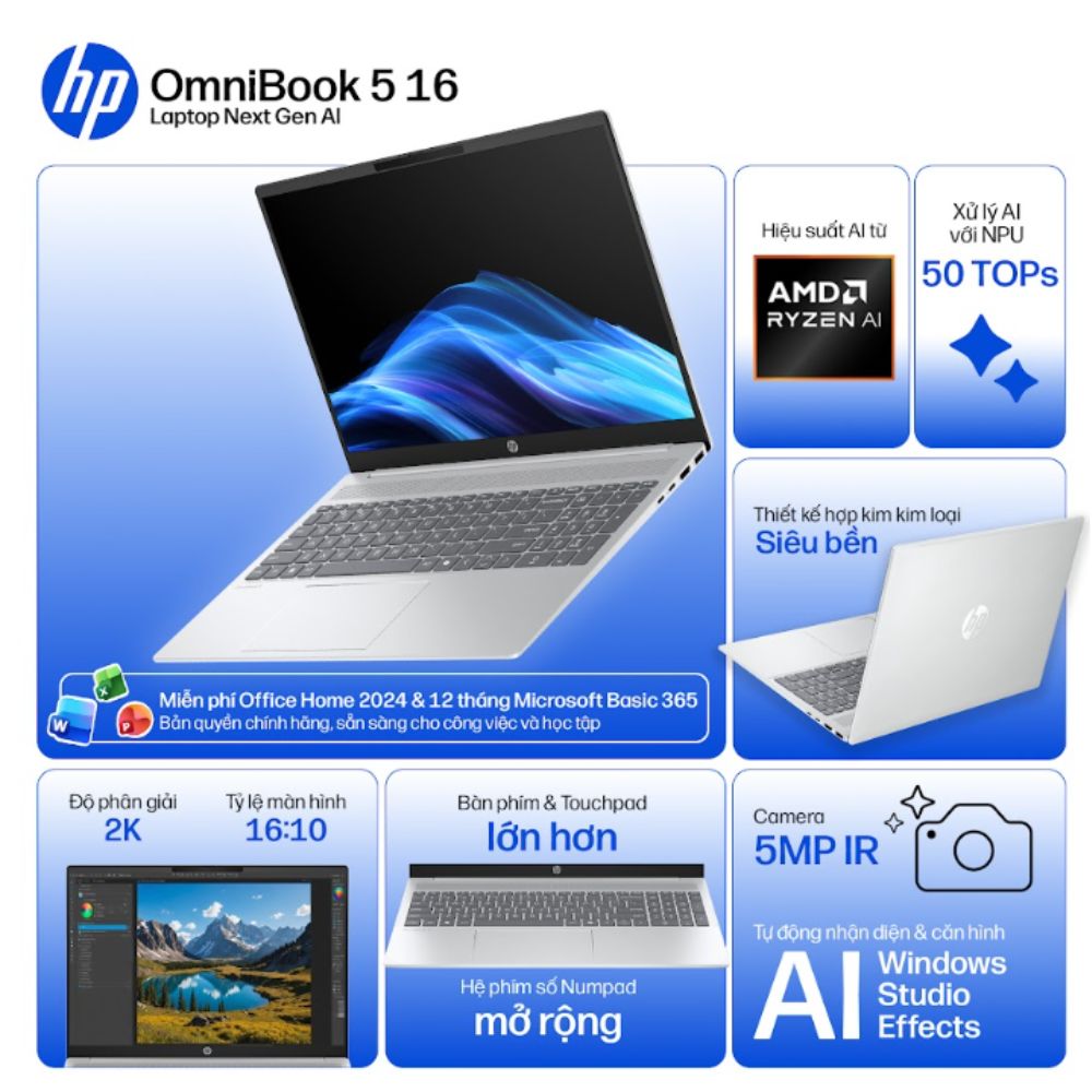 Laptop HP OmniBook 5 16-ag1066AU BZ7S9PA (AI 7 350/ 16GB/ 512GB SSD/ 16 inch WUXGA Touch/ Win 11/ Office/ Bạc)