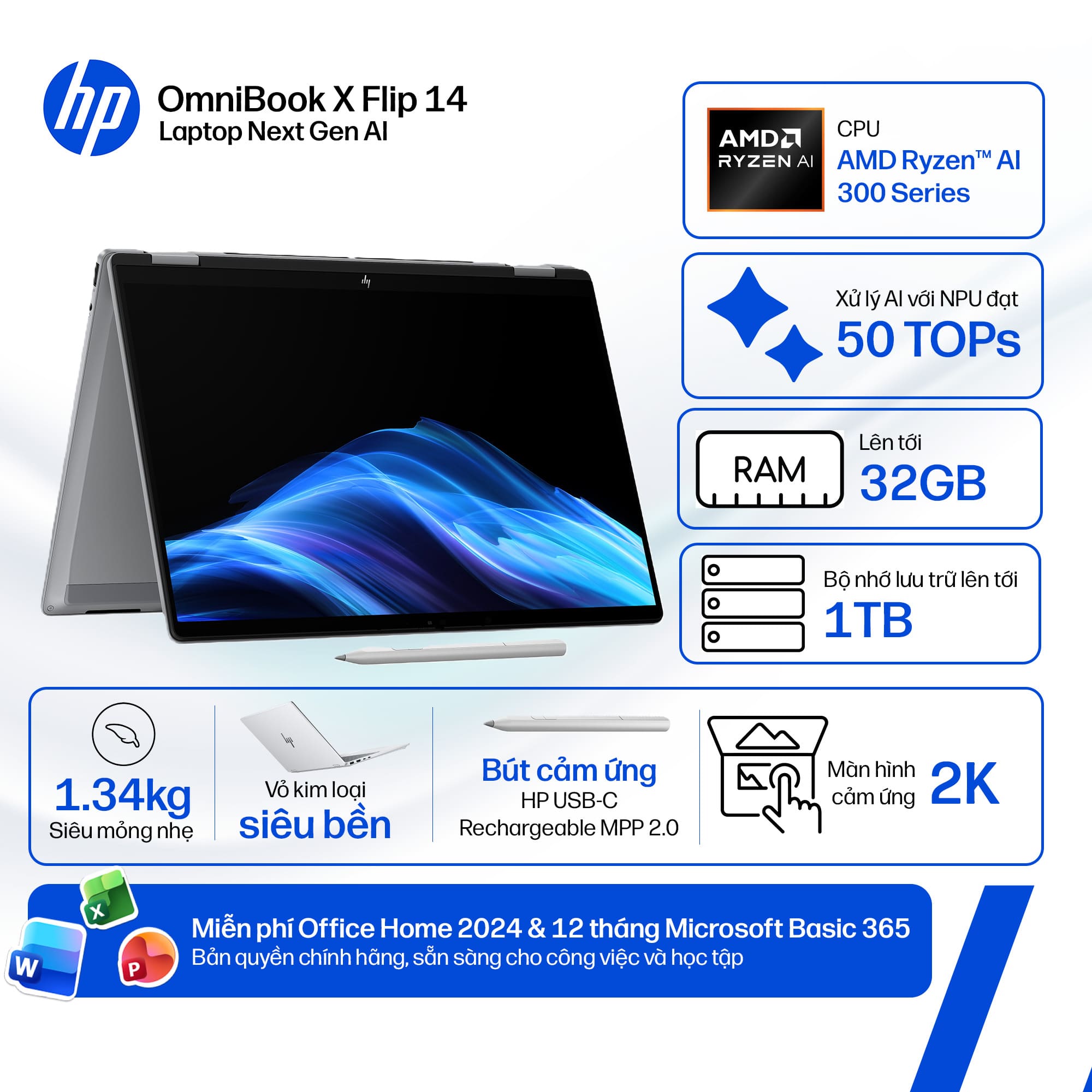 Laptop HP OmniBook X Flip 14-fk0082AU BZ7N8PA (AI 7 350/ 32GB/ 1TB SSD/ 14 inch WUXGA Touch/ Win 11/ Office/ Bạc/ Pen)