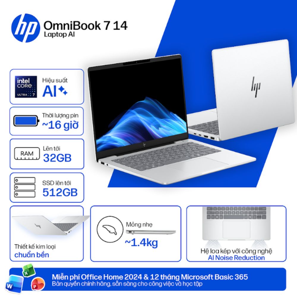 Laptop HP OmniBook 7 14-fs0042TU C1MP3PA (Core 5 210H/ 24GB/ 512GB SSD/ 14 inch WUXGA/ Win 11/ Office/ Bạc)