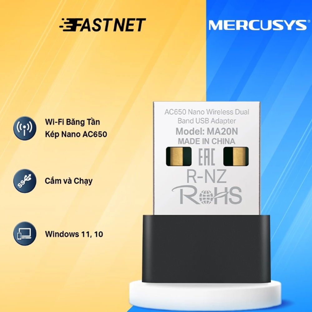 Cạc mạng không dây Mercusys USB MA20N (Chuẩn AC/ AC650Mbps/ Ăng-ten ngầm)