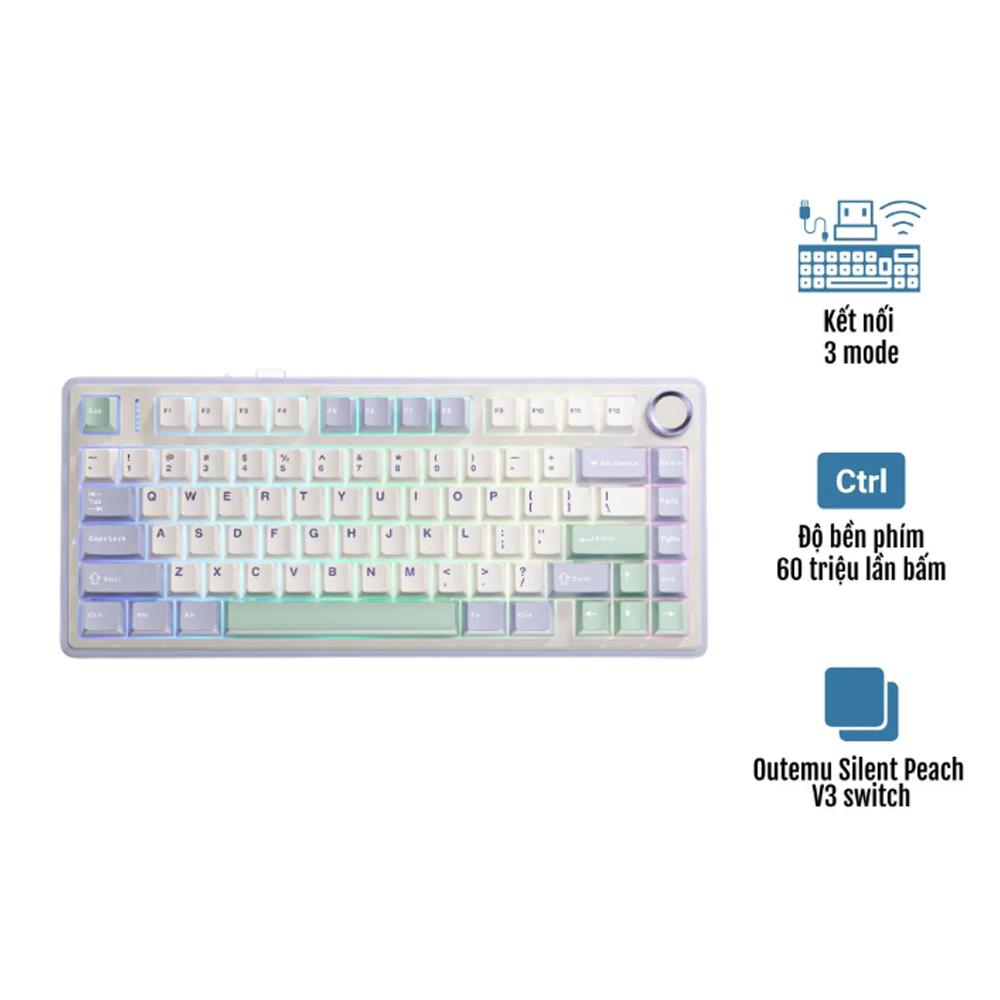 Bàn phím cơ Aula F75 tím nhạt + Be + Xanh lá  Outemu Silent Peach V3 switch
