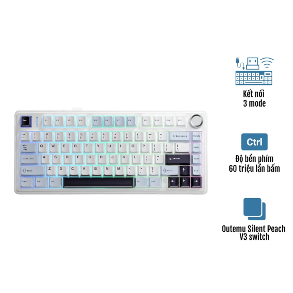 Bàn phím cơ Aula F75 xanh dương trắng tím đậm Outemu Silent Peach V3 switch