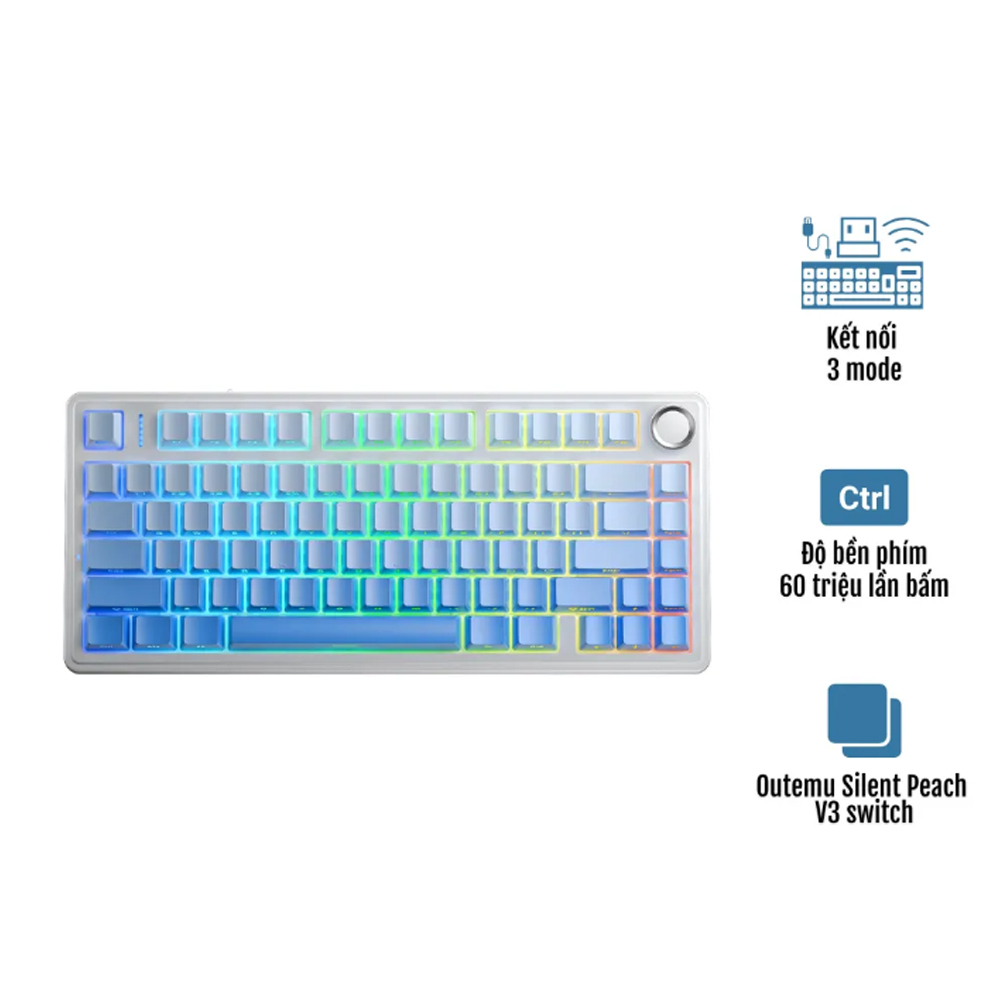 Bàn phím cơ Aula F75 trắng xanh dương gradient Outemu Silent Peach V3 switch