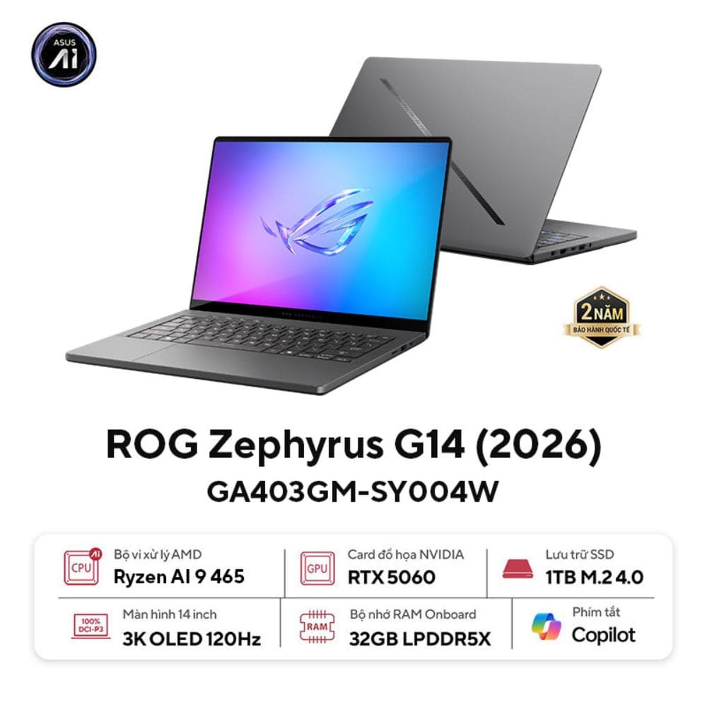 Laptop Asus Gaming ROG Zephyrus G14 GA403GM-SY004W (AI 9 465/ 32GB/ 1TB SSD/ RTX 5060 8GB/ 14 inch 3K/ 120Hz/ Win11/ Grey/ Vỏ nhôm/ Túi/ Sạc nhanh)