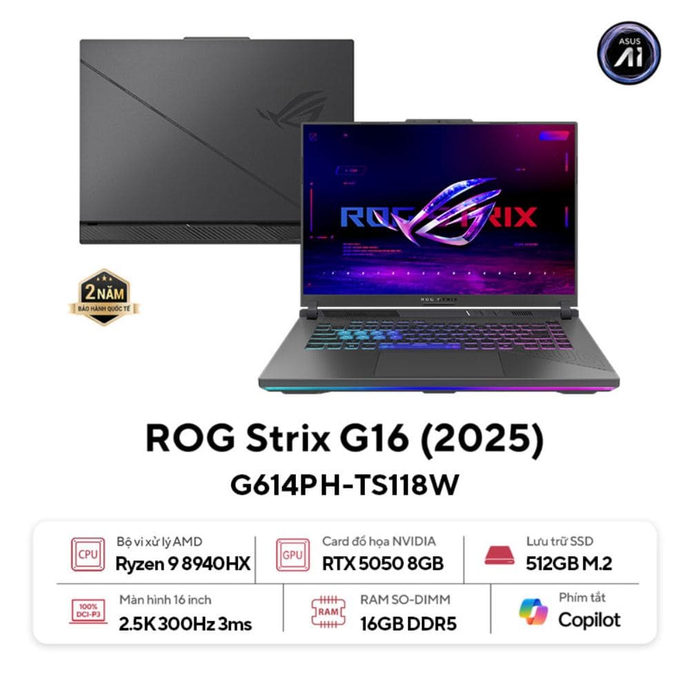 Laptop Asus Gaming ROG Strix G16 G614PH-TS118W (R9 8940HX/ 16GB/ 512GB SSD/ RTX 5050 8GB/ 16 inch 2.5K/ 300Hz/ Win11/ Gray/ Vỏ nhôm)