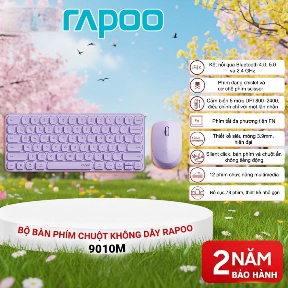 Bộ bàn phím chuột không dây Rapoo 9010M Màu tím (Bluetooth/Wireless)