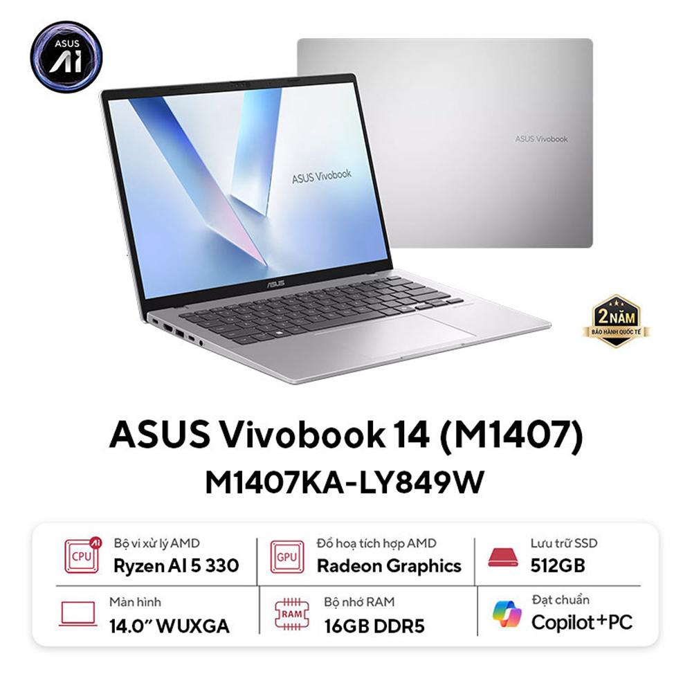 Laptop Asus Vivobook 14 M1407KA-LY849W (AI 5 330/ 16GB/ 512GB SSD/ 14 inch WUXGA/ 60HZ/ Win11/ Silver)