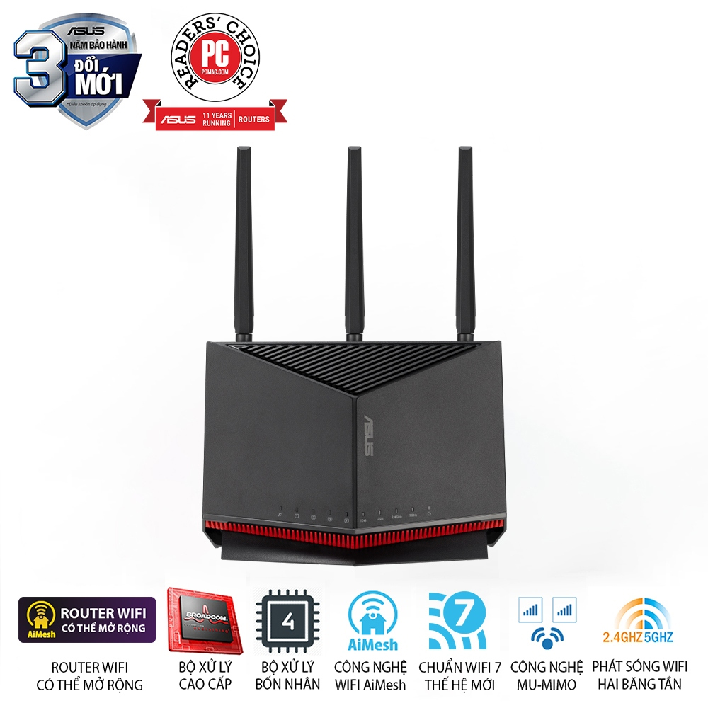 Bộ phát wifi 7 Asus RT-BE86U (Chuẩn BE/ BE6800Mbps/ 3 Ăng-ten ngoài, 1 ăng-ten ngầm/ AIMesh)