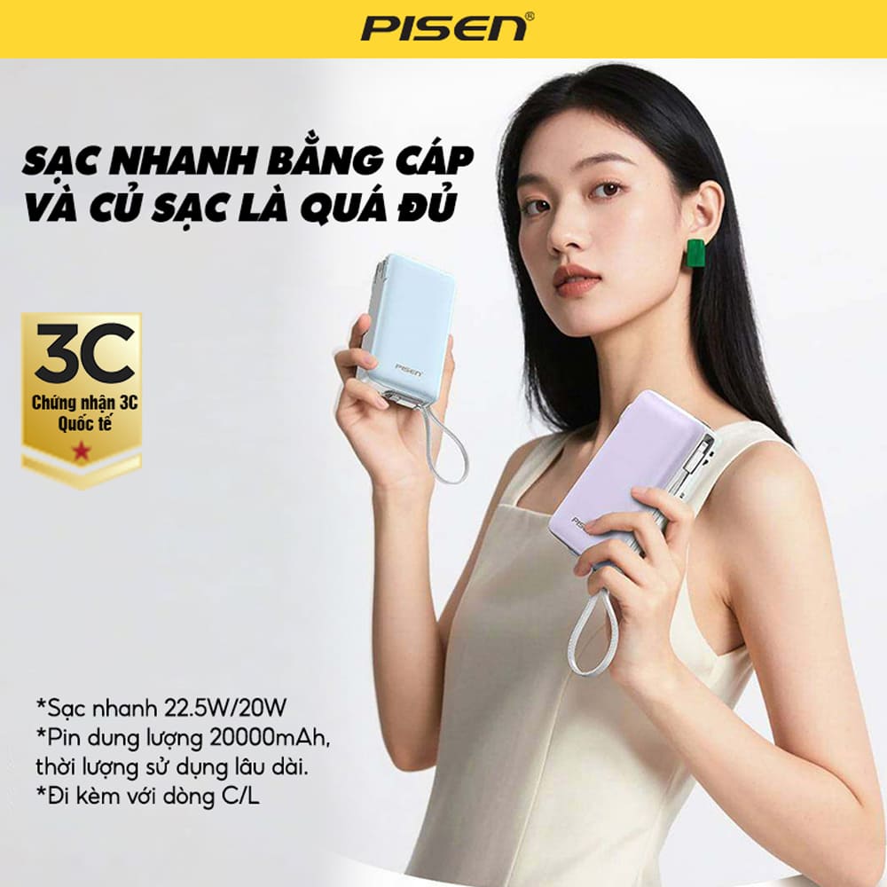 Pin sạc dự phòng Pisen 20.000 mAh TP-D186 22.5W Màu trắng