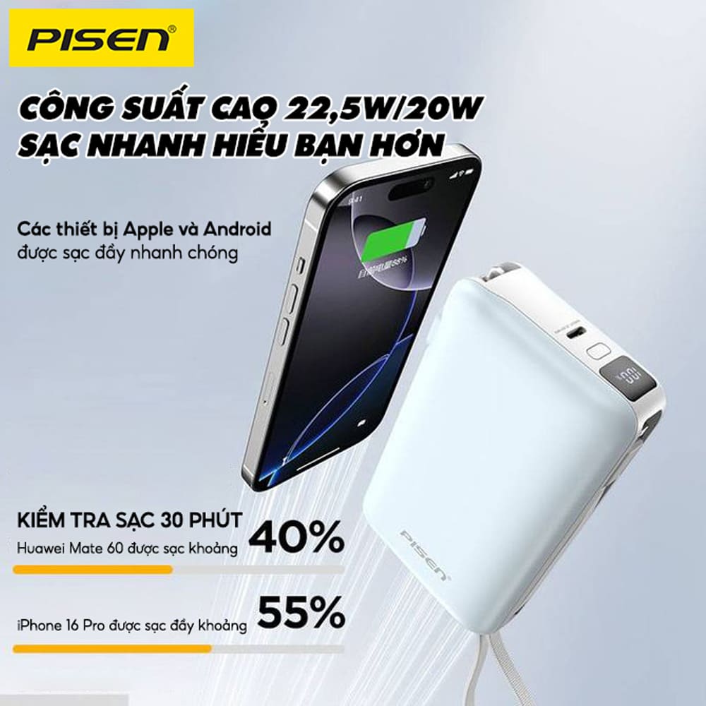 Pin sạc dự phòng Pisen 20.000 mAh TP-D186 22.5W Màu trắng