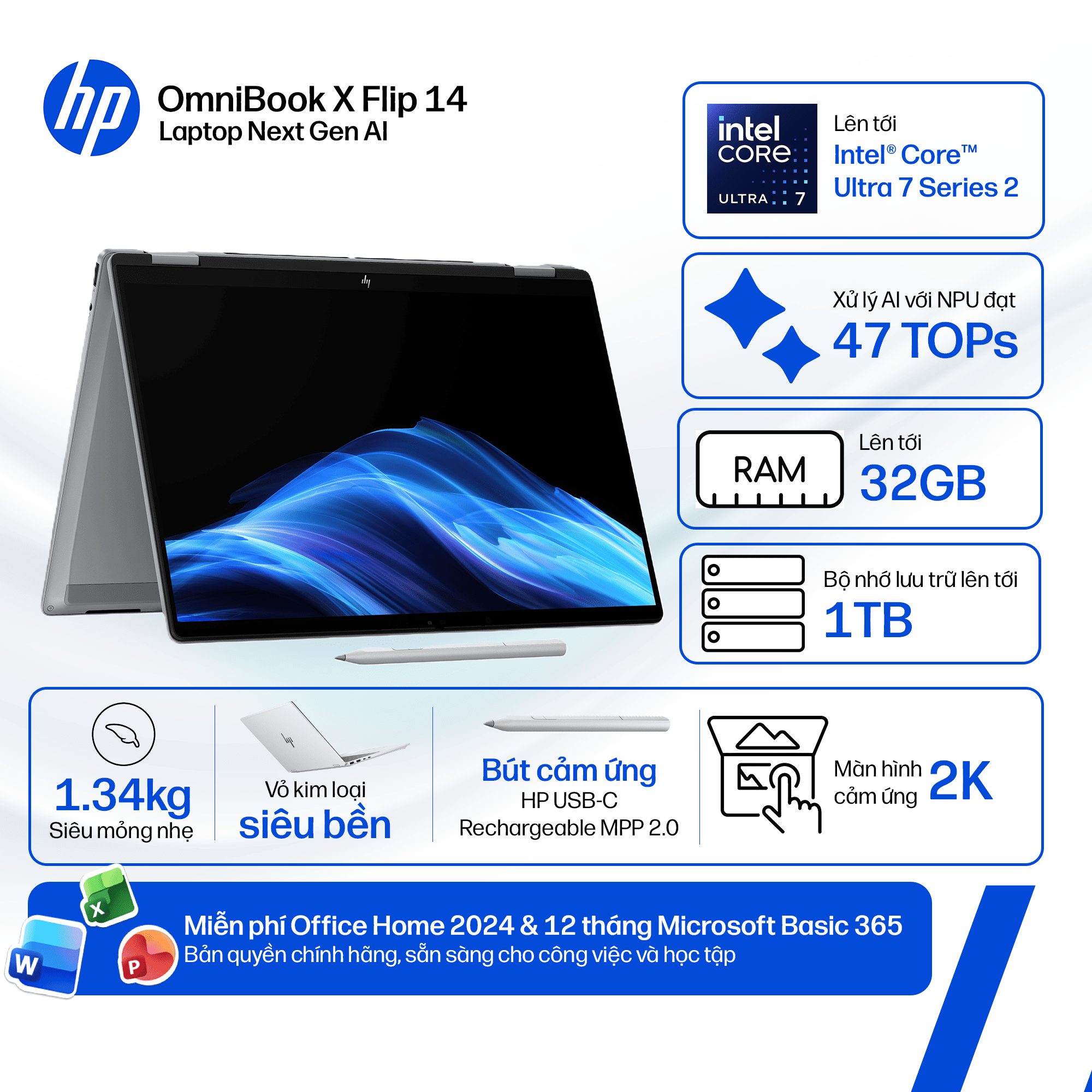 Laptop HP OmniBook X Flip 14-kb0048TU D72BYPA (Ultra 7 355/ 32GB/ 512GB SSD/ 14 inch WUXGA Touch/ Win 11/ Office/ Blue/ Pen)