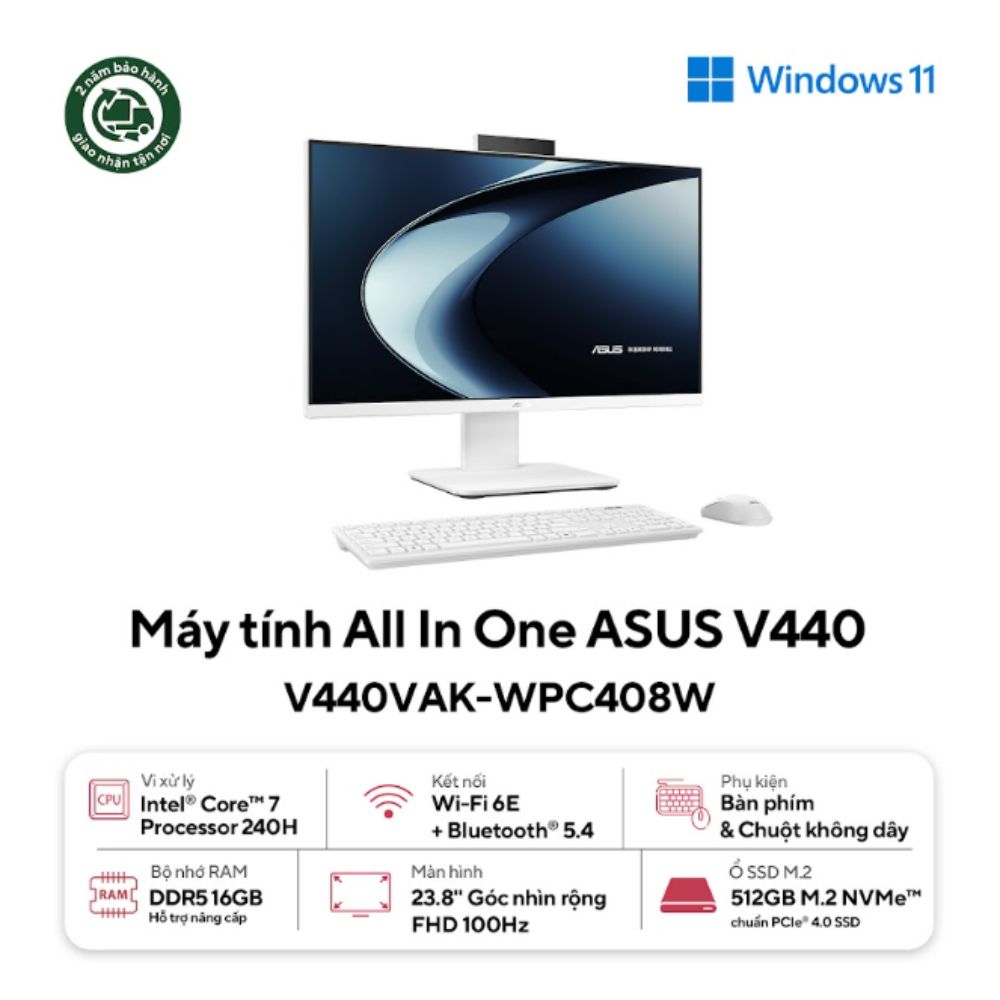 Máy tính AIO Asus V440VAK-WPC408W (Core 7 240H/ 16GB/ 512GB SSD/ 23.8inch/ Key + Mouse Wireless/ Win11/ 2Y)