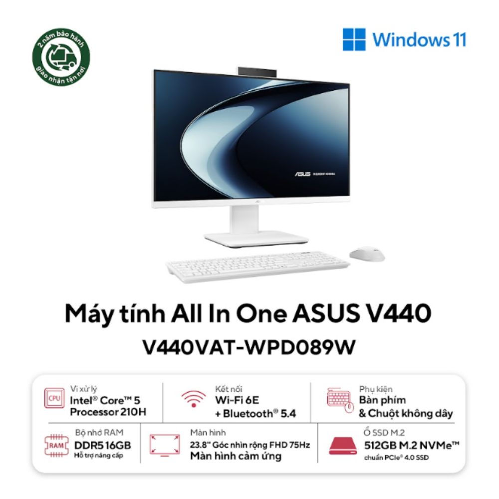 Máy tính AIO Asus V440VAT-WPD089W (Core 5 210H/ 16GB/ 512GB SSD/ 23.8inch Touch/ Key + Mouse Wireless/ Win11/ 2Y)