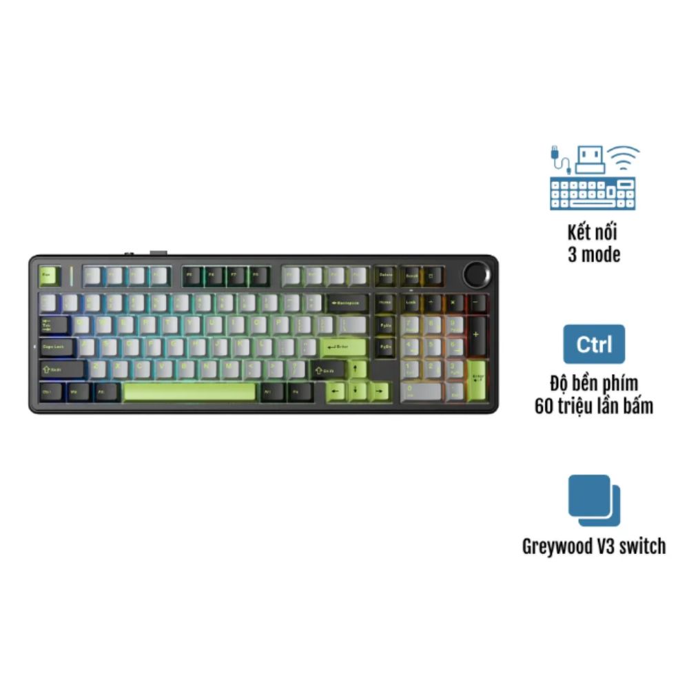Bàn phím cơ Aula 3 Mode F99 PRO Đen + Xám + Xanh lá Greywood V3 switch