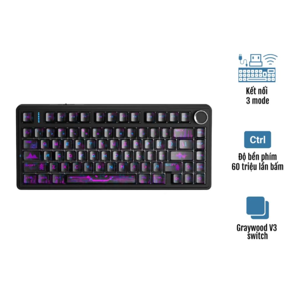 Bàn phím cơ Aula 3 MODE F75 Đen tím Grey Wood V3 switch