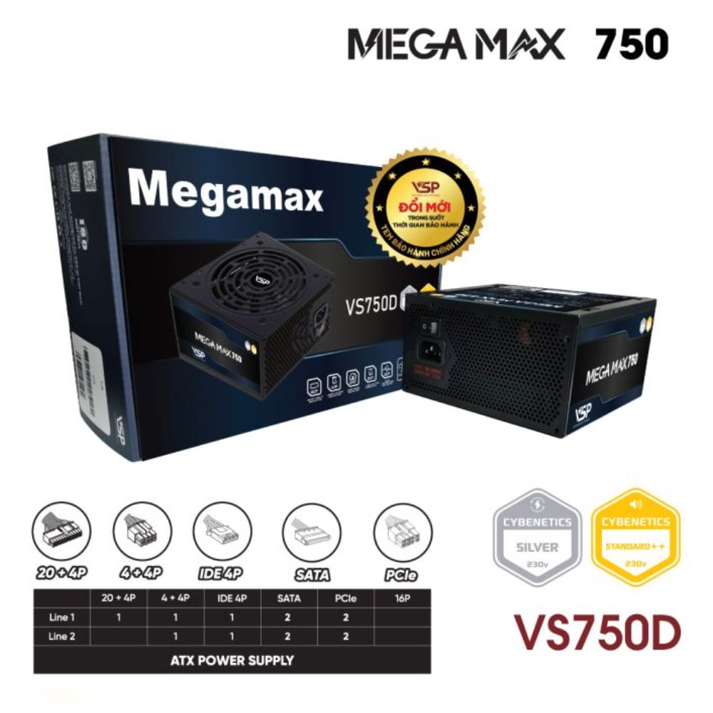 Nguồn máy tính VSP MEGAMAX VS750D (750W /Cybenetics Silver / Active PFC/ DC to DC)