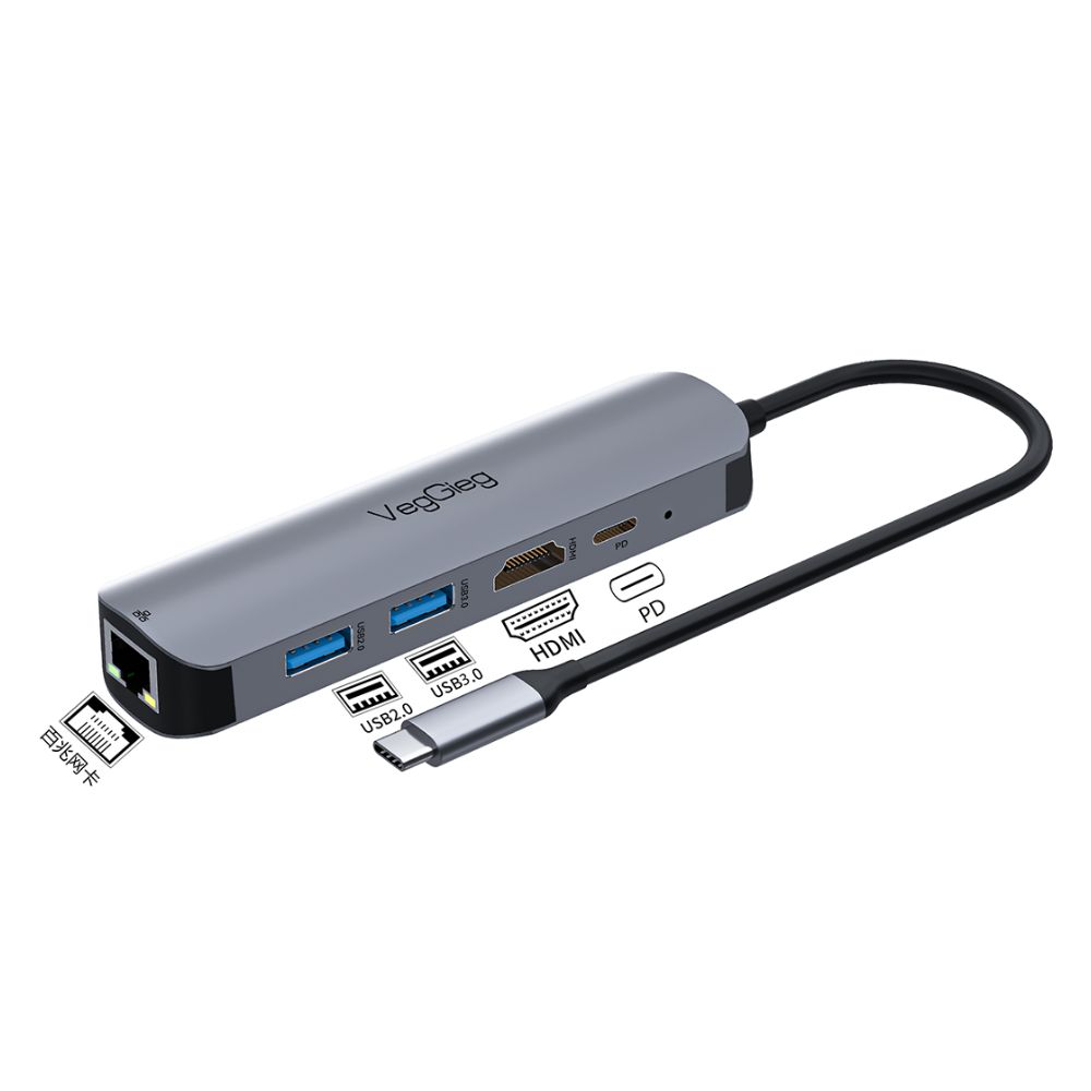 Bộ chuyển đổi VegGieg V-TC05R USB Type-C sang HDMI 4K, Lan, USB 3.0 x2, PD