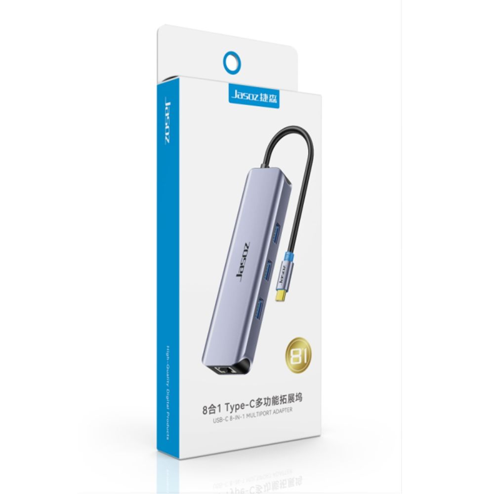 HUB 8 in 1 USB Type C sang HDMI+RJ45 gigabit+3x USB 3.0+PD+SD/TF JASOZ T-H112