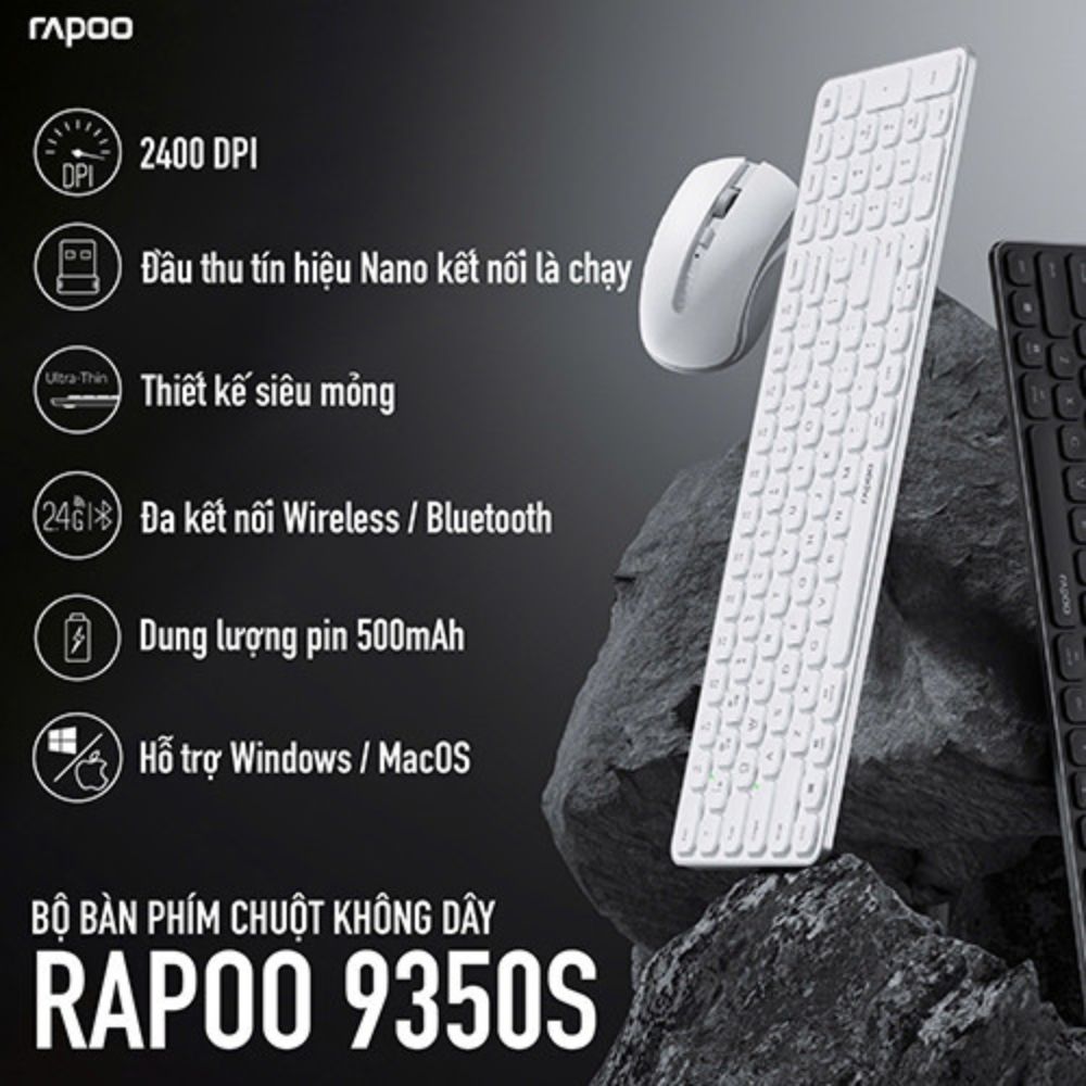 Bộ bàn phím chuột không dây Rapoo 9350S Màu trắng (Bluetooth/Wireless/ Pin sạc)