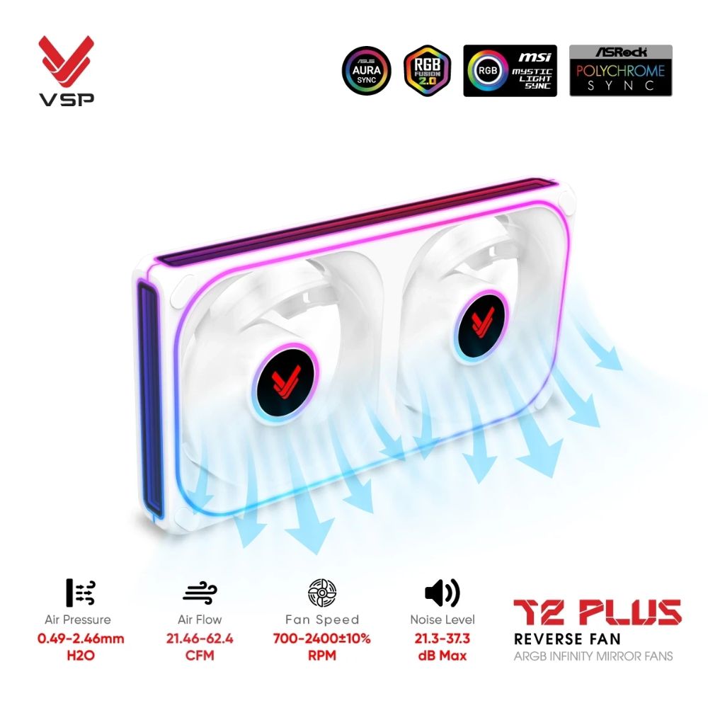 Quạt case VSP T2 PLUS Reverse Trắng(ARGB Infinity Mirror/Fan Đôi Cánh Ngược)