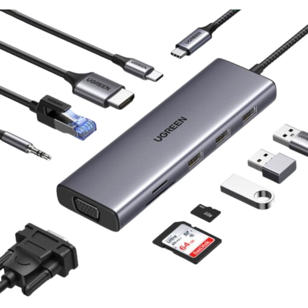 Bộ chuyển Jasoz T-H113 USB-C (Type C) sang HDMI 4K@60Hz, 3 x USB 3.0, VGA 1080P, RJ45 Gigabit, Audio 3.5mm, SD/TF, PD 100W
