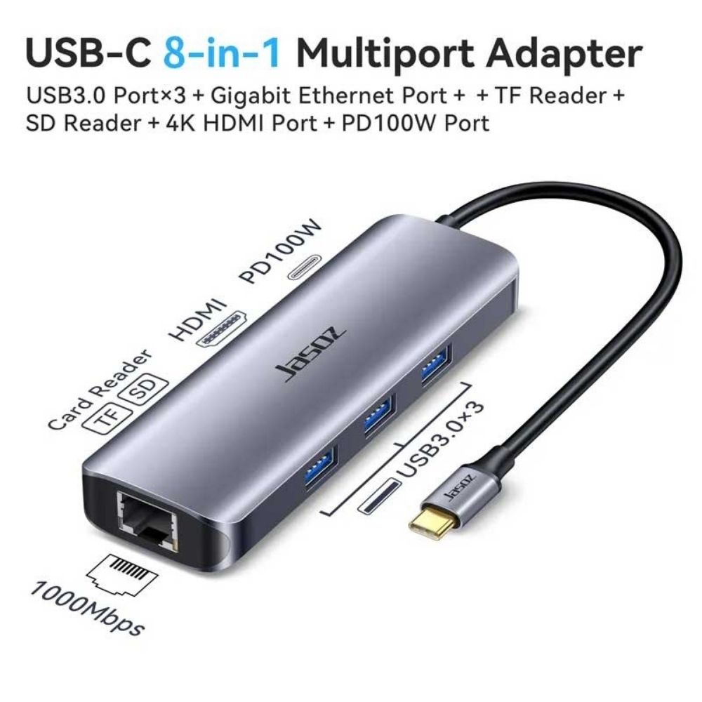 Bộ chuyển Jasoz T-H112 USB-C (Type C) sang HDMI 4K, RJ45 Gigabit, 3 x USB 3.0, SD/TF, PD 100W
